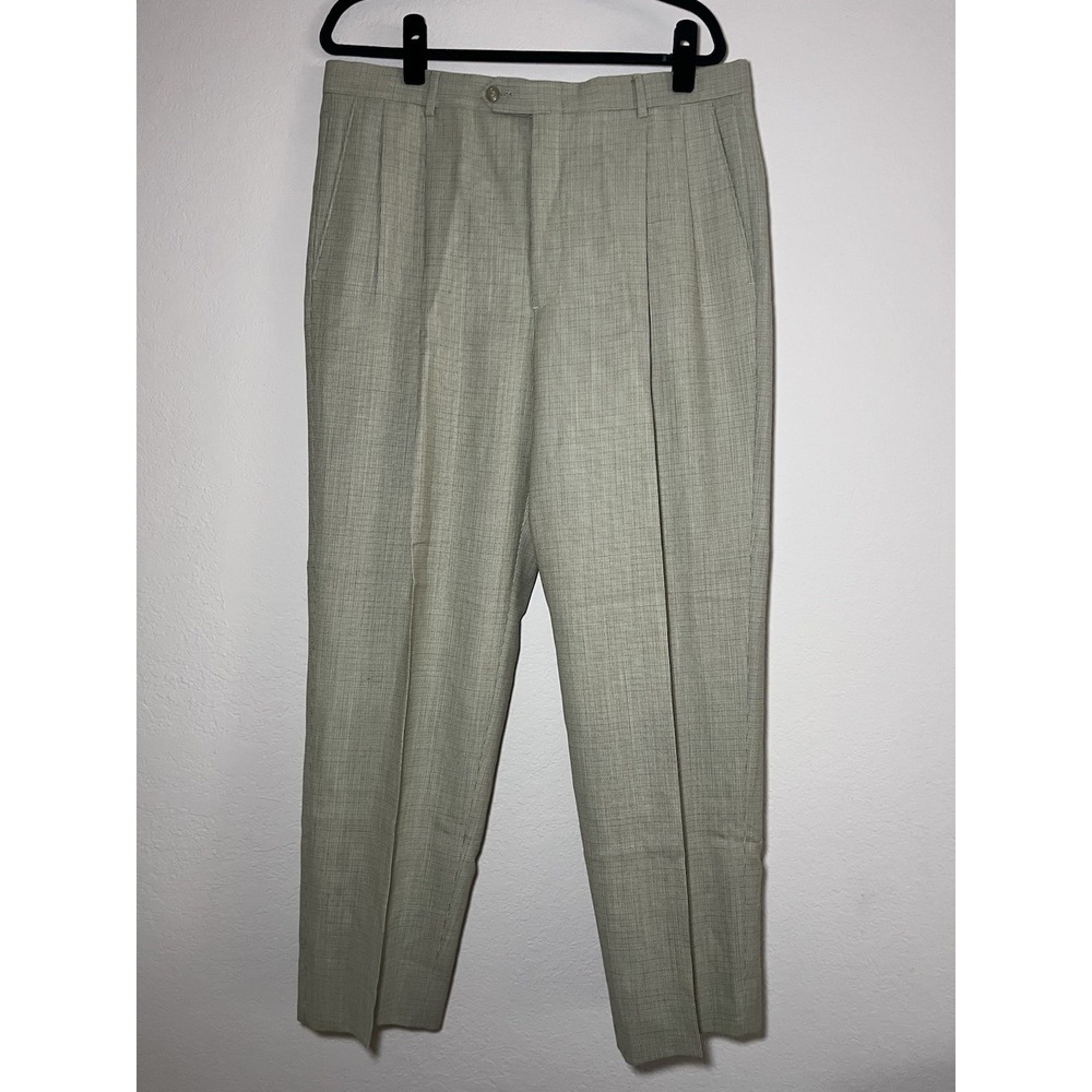 Hart Schaffner Marx Men's Beige Check Wool Dress Pants Pleated Straight 36x30